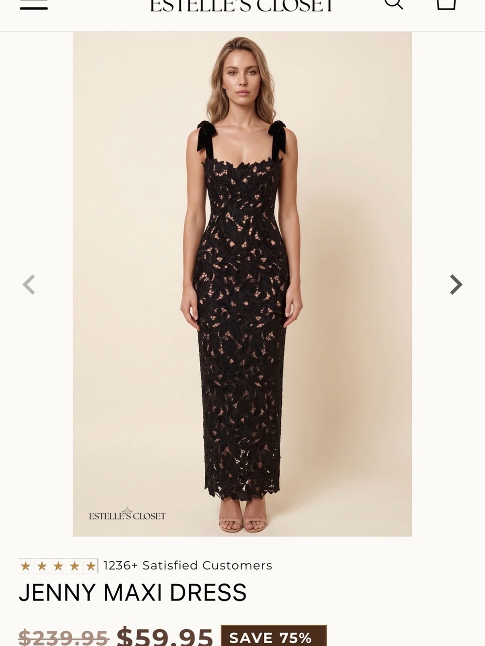 Estelle's Closet Black Lace Maxi Dress with Bow Shoulder Straps
